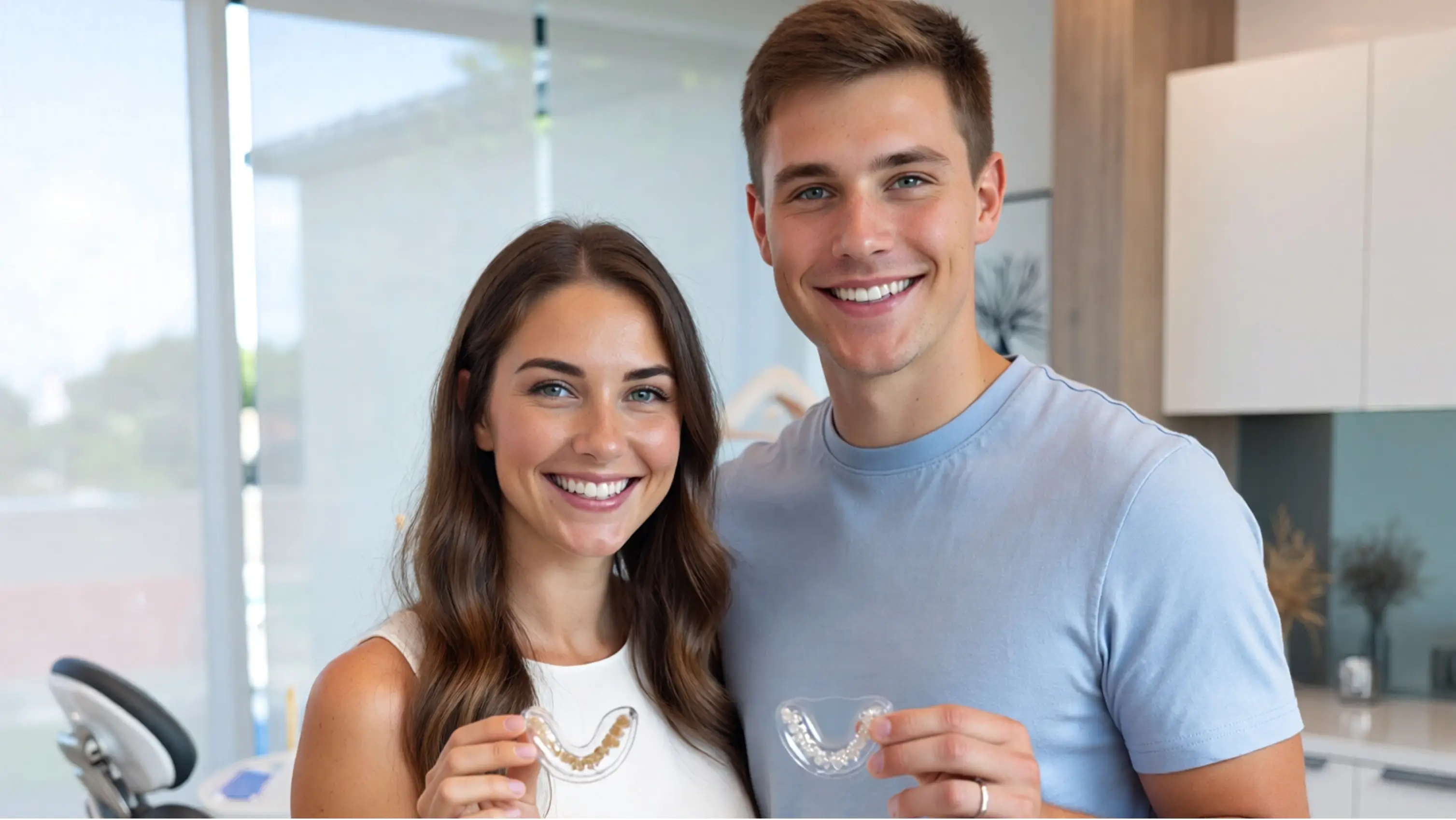Satisfied couple holding Invisalign aligners from Metro Scott Dental
